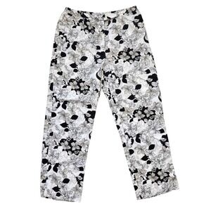 Ann Taylor Loft Floral 100% Linen Pants Black White Straight Leg Trousers 8